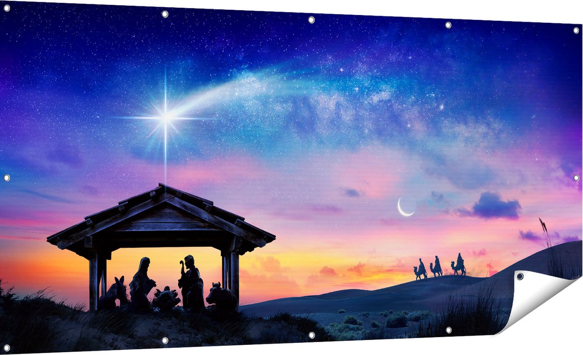 Gards Tuinposter Heilige Familie van Jezus met de Ster van Bethlehem - 180x90 cm - Tuindoek - Tuindecoratie - Wanddecoratie buiten - Tuinschilderij Multikleur