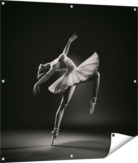 Gards Tuinposter Ballerina op Haar Tenen - Ballet - Zwart Wit - 100x100 cm - Tuindoek - Tuindecoratie - Wanddecoratie buiten - Tuinschilderij