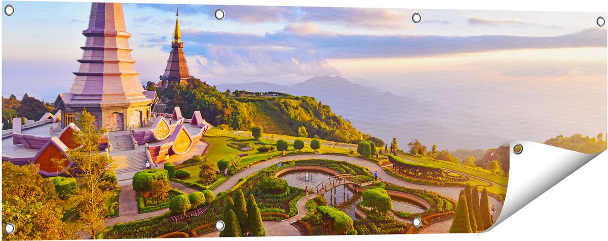 Gards Tuinposter Pagode Tempels in de Inthanon Berg in Thailand - 120x40 cm - Tuindoek - Tuindecoratie - Wanddecoratie buiten - Tuinschilderij Multikleur