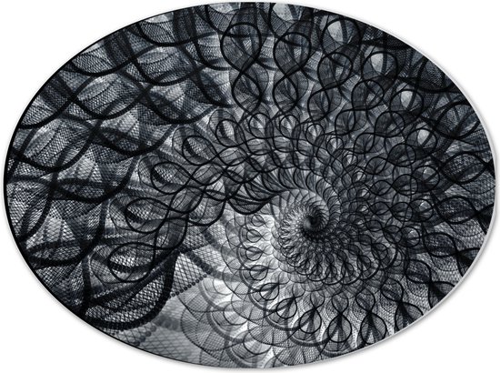 Dibond Ovaal - Cirkelvormig Patroon met Zwart, Wit en Grijs - 40x30 cm Foto op Ovaal (Met Ophangsysteem)