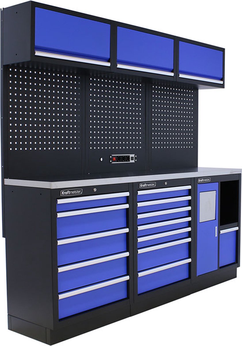 Kraftmeister werkplaatsinrichting - Werkbank met 3 wandkasten en RVS werkblad - Werktafel met 12 laden en gereedschapswand - Complete set voor werkplaats of garage - Blauw