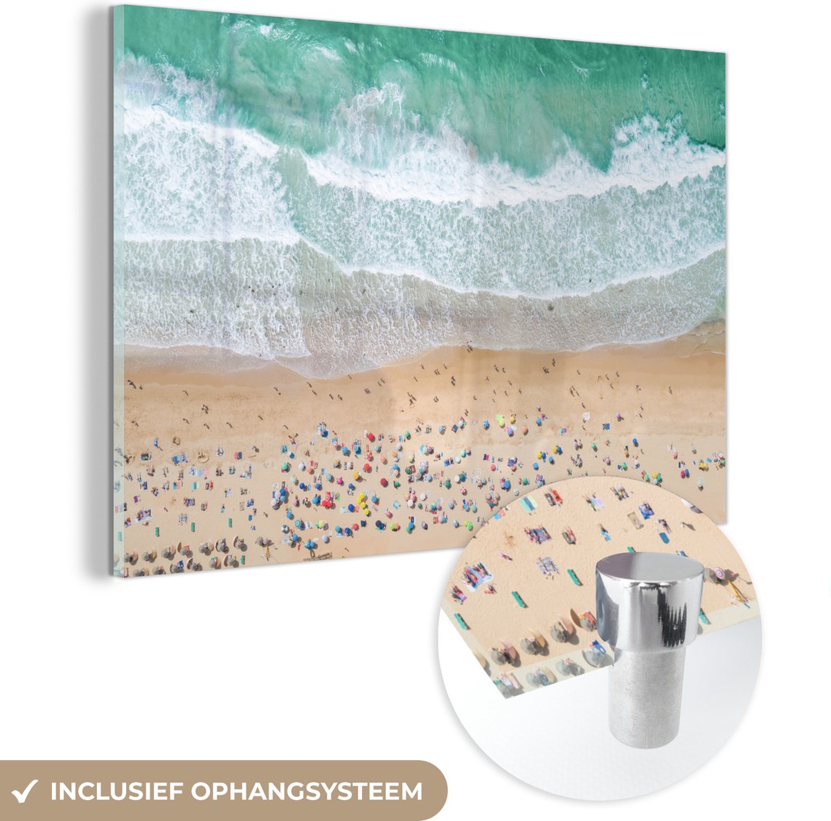 MuchoWow® Glasschilderij 60x40 cm - Schilderij acrylglas - Zee - Strand - Parasols - Water