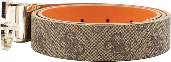 Bruine Guess riem met logoprint en oranje binnenzijde, met gouden gesp.