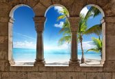 Fotobehang View Paradise Beach Tropical Palms | XL - 208cm x 146cm | 130g/m2 Vlies