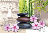 Fotobehang Flowers With Zen Stones | XXL - 312cm x 219cm | 130g/m2 Vlies