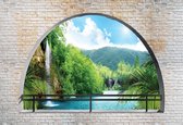 Fotobehang Waterfall Lake Arch View | XXL - 312cm x 219cm | 130g/m2 Vlies