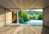 Fotobehang Window Waterfall Lake Mountains Forest | XXXL - 416cm x 254cm | 130g/m2 Vlies