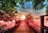 Fotobehang Path Pier Trees Boats Sunset  | XXL - 206cm x 275cm | 130g/m2 Vlies