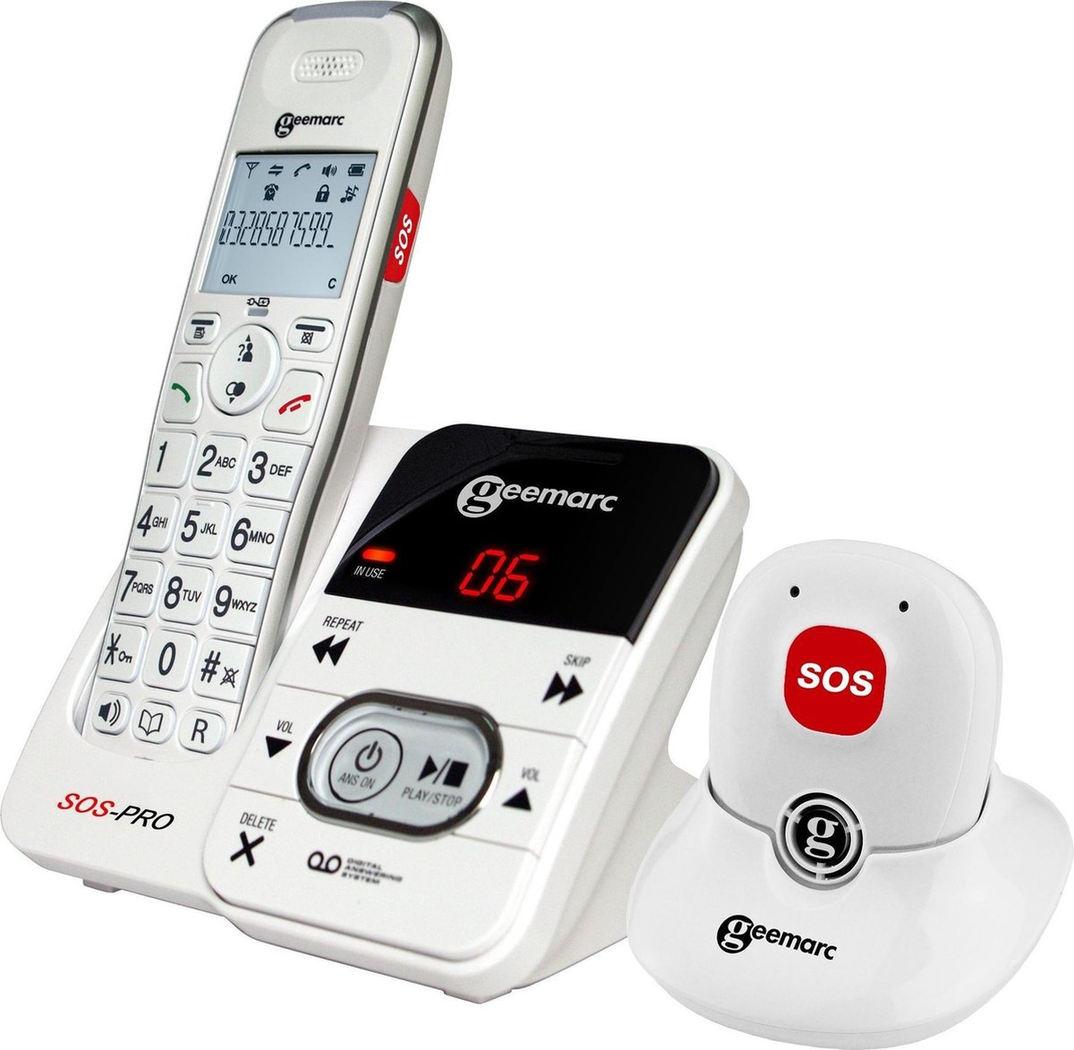GEEMARC AmpliDECT 295 SOS Pro draadloze telefoon met 30 dB GELUIDSVERSTERKING voor SLECHTHORENDEN. Met ALARM Pendant en BEANTWOORDER