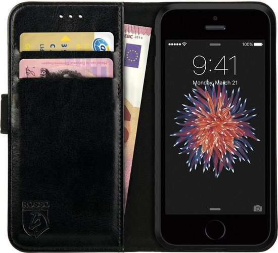 Rosso Element Book Case Wallet Hoesje Geschikt voor Apple iPhone SE / 5S / 5 | Portemonnee | 3 Pasjes | Magneetsluiting | Stand Functie | Zwart