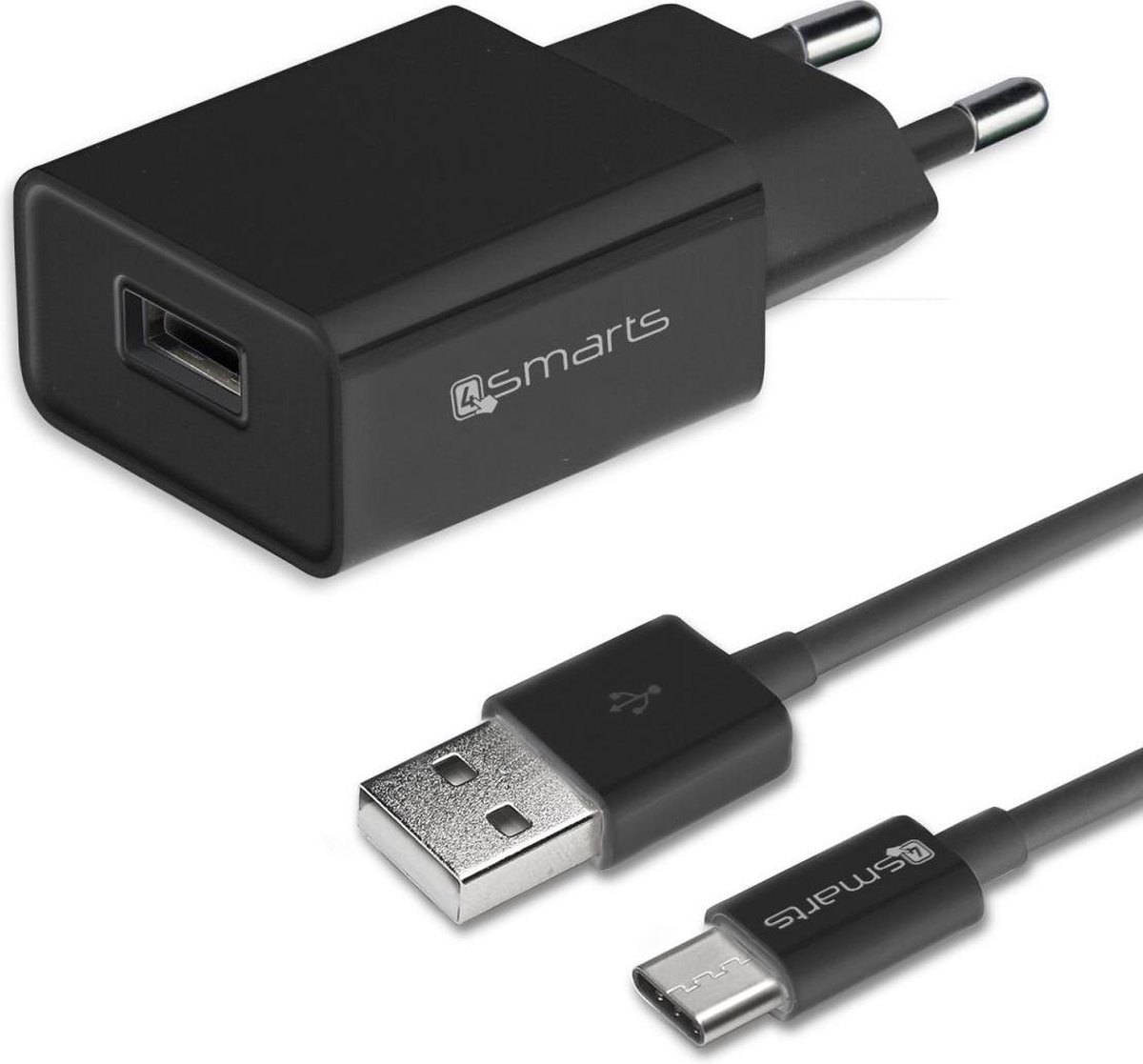4Smarts 12W USB Oplader 2.4A met USB naar USB-C Kabel 1 Meter Zwart