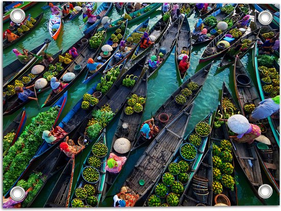 Tuinposter – Drijvende markt op Boten in Vietnam - 40x30 cm Foto op Tuinposter (wanddecoratie voor buiten en binnen)