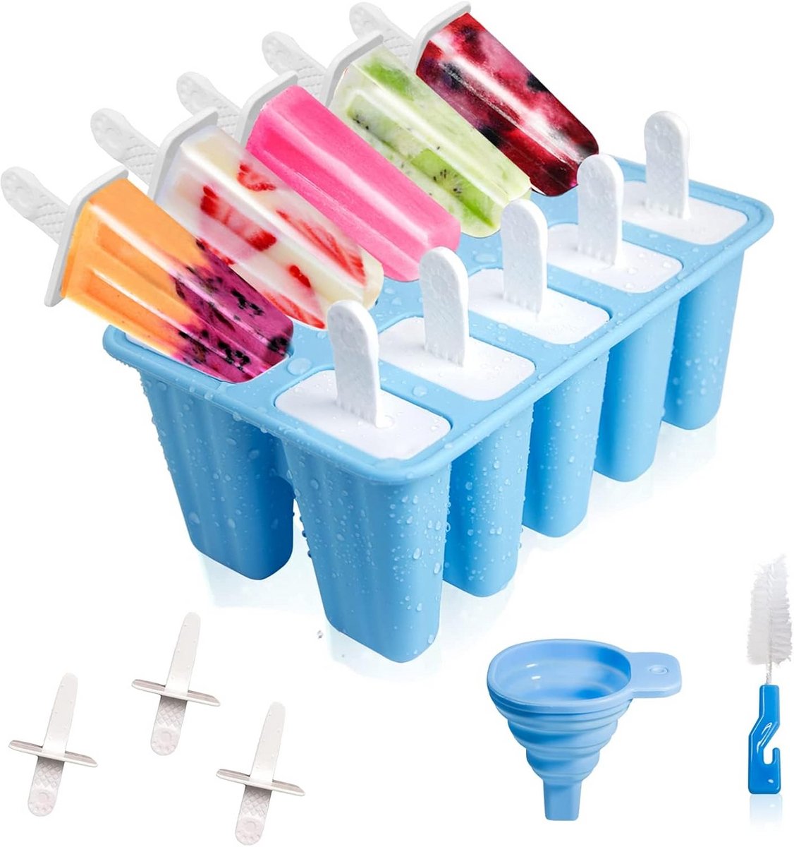 Herbruikbare IJsvormpjes voor Popsicles, 10 Gaten, Inclusief Afwasborstel en Trechter