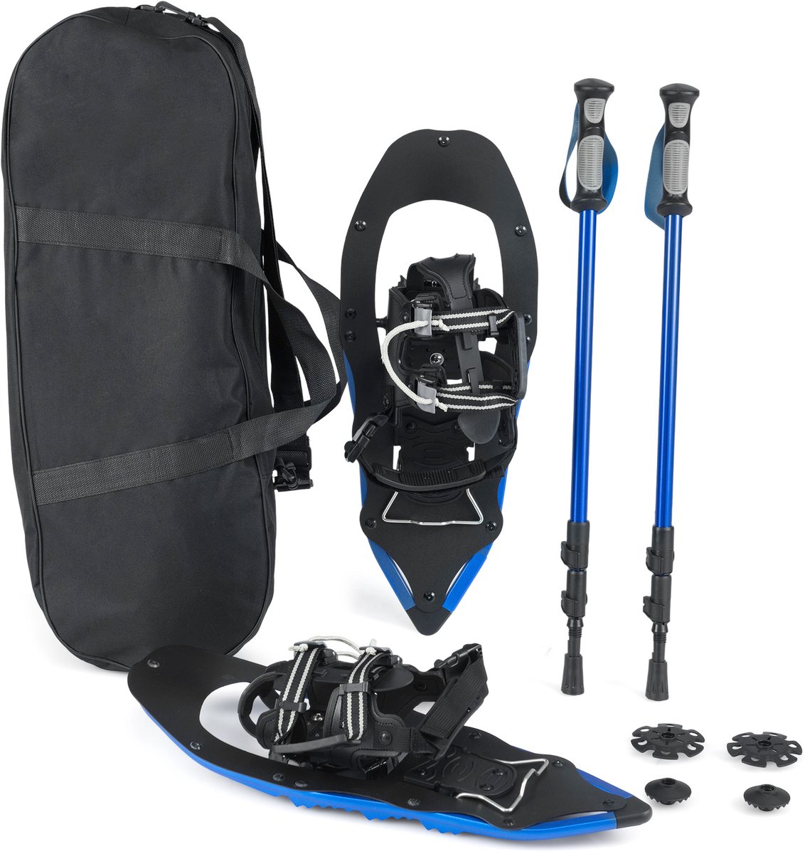COSTWAY Sneeuwschoenen met klimhulp schoenmaat 35-45 tot 68/90 kg lichte sneeuwschoenenset van aluminium met trekkingstokken en draagtas voor heren dames en jongeren Blauw