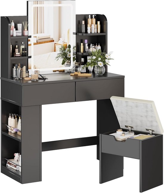 Airfish Kaptafel met LED-verlichting, frisiertafel met high-definitie spiegel, make-up tafel met 3 laden, sideboard met kastdeuren, verstelbare planken, modern slaapkamerstijl, wit
