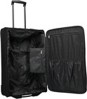 Valise trolley noire ouverte, avec doublure et compartiments noirs. Intérieur de la valise.