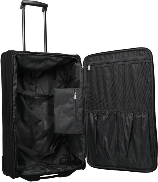 Valise trolley noire ouverte, avec doublure et compartiments noirs. Intérieur de la valise.