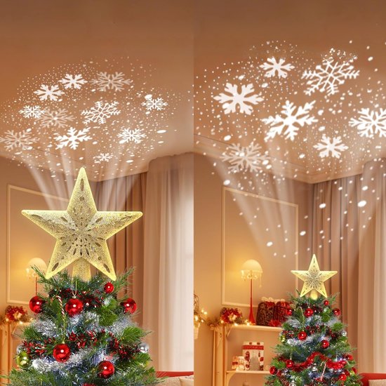 Gouden kerstboom piek in de vorm van een ster met projectie van sneeuwvlokken op het plafond.