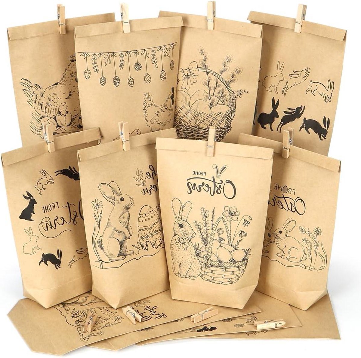 CSGoods - Zwarte Papieren Paashaas Geschenkzakjes voor Pasen - Set van 12 - Vrolijke Pasen Decoratie & Paaseieren - Om te Vullen