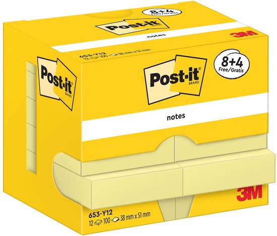 Gele Post-it Notes 38 x 51 mm, verpakking met 12 pakjes (8 + 4 gratis). Tekst "notes" op de verpakking.