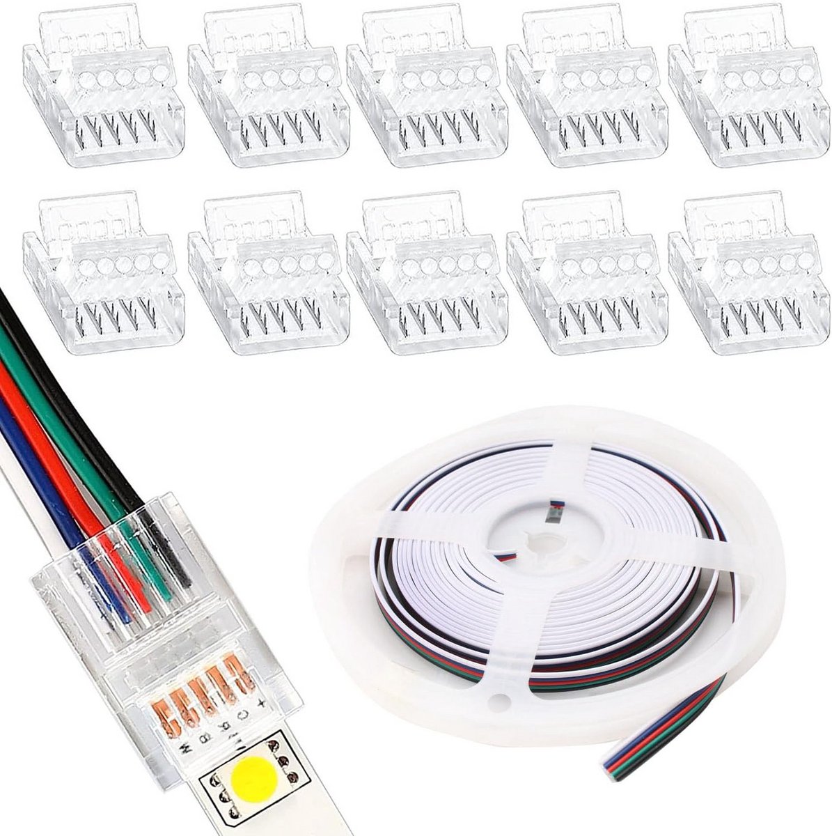 5 Meter 5-pins LED Strip Verlengsnoer Set met 10 Connectoren voor RGBW/RGBWW Verlichting