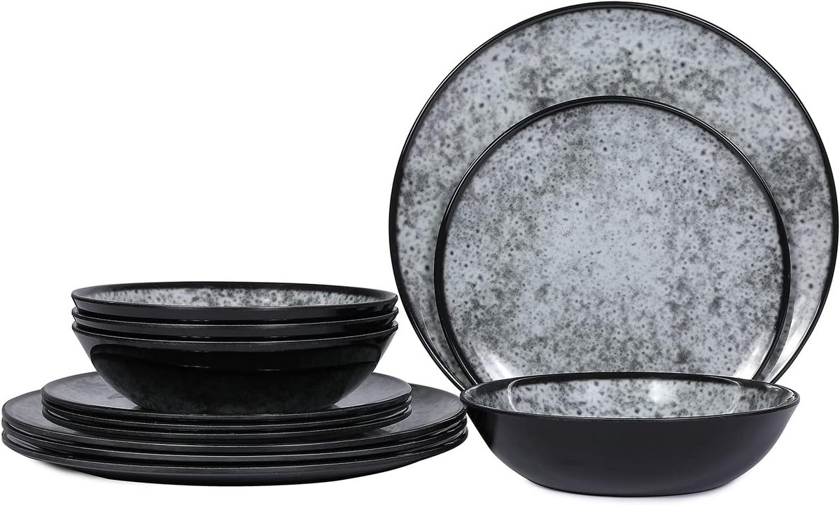 Melamine Servies Set 12 Delig Grijs - Borden en Kommen voor Buiten en Binnen