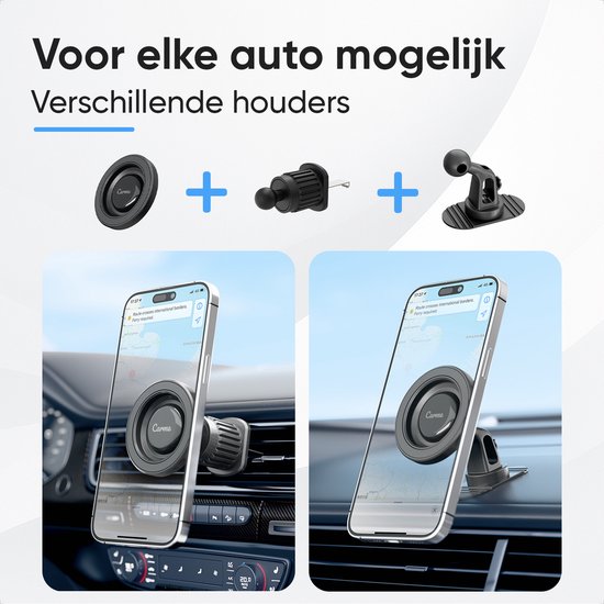 Verschillende magnetische telefoonhouders van CarMe en hun montage in een auto. Toont een telefoon met navigatie.