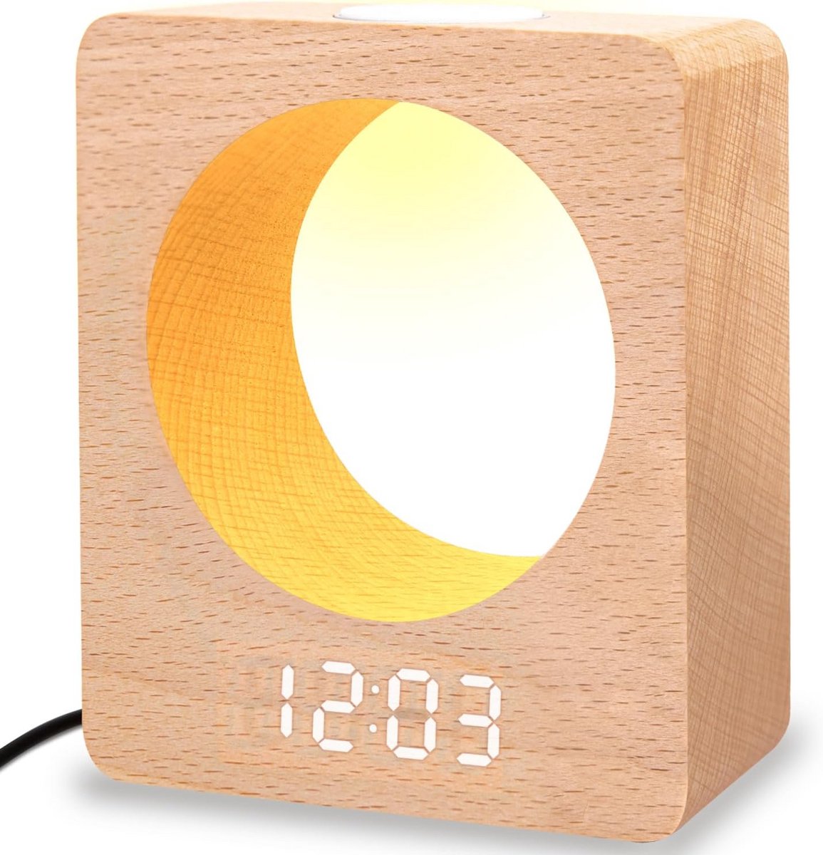 Digitale Wekker Hout (Beuken) met Nachtlampje, 3 Alarmen en Temperatuurweergave