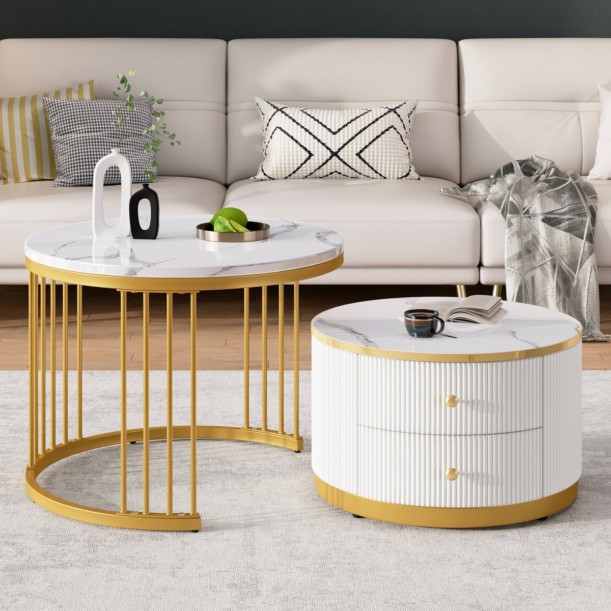 REDOM Set van 2 salontafels, rond 60x60x45.5 cm + 50x50x32 cm van MDF met hoogglans marmeroptiek en laden