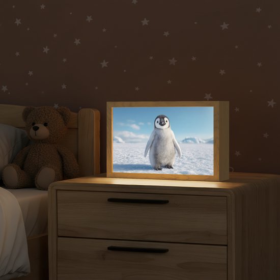 Nachtlampje 30x20 cm - Kinder lamp - Pinguïn - Sneeuw - Landschap - Wit - Tafellamp kinderkamer - Slaapkamer lamp - Bedlamp kinderen - Kinderlampje stopcontact - Wandlamp babykamer - Nachtlampjes van Apixiel — afbeelding 2