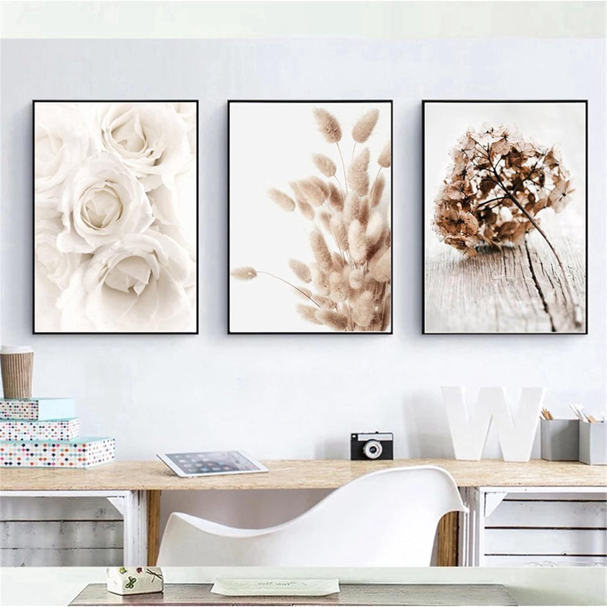 Stunq® Set van 3 moderne posters, stijlvolle pioenroos, bloemen, wandfoto's, boho, beige, natuur, pampasgras, foto's, zonder lijst, kunstposter, woondecoratie (40 x 50 cm)