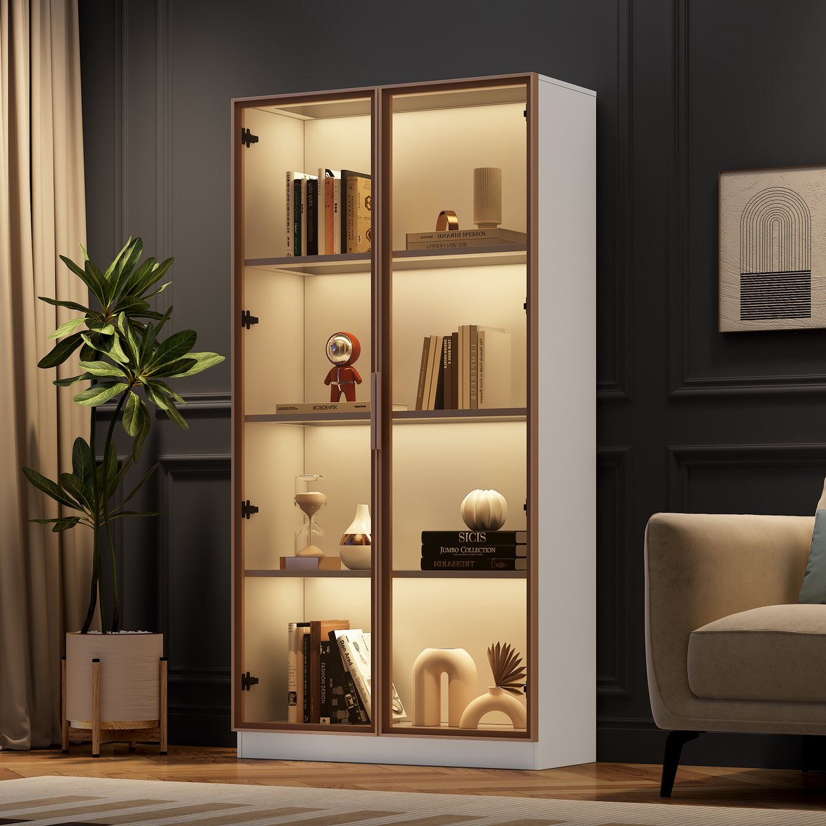 Wishdor Glasvitrine Met Ledverlichting - Dubbele Deuren - Verstelbare Legplanken - Met Kabeldoorvoer - Spaanplaat - Wit - 80 X 40 X 160 Cm