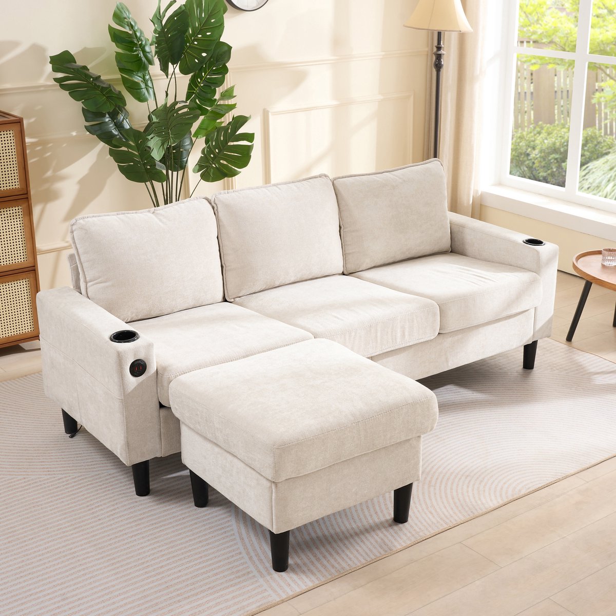 OKWISH Hoekbank – 3-Zits L-Vormige Bank Met Poef En 2 Drinkhouders – 2 USB‑Poorten & 1 Type‑C, Hoogwaardig Linnen – Voor Woonkamer/Slaapkamer – Beige