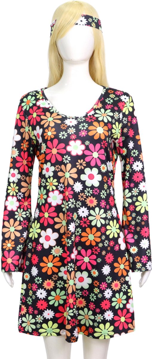 Joya Party® Hippie Verkleedjurk Dames Zwart met Bloemen print | Jaren Flower Power Kostuum | Inclusief Haarband | Verkleedkleding Bloemen Volwassenen | Stretch Stof | Carnaval / Themafeest | — afbeelding 10