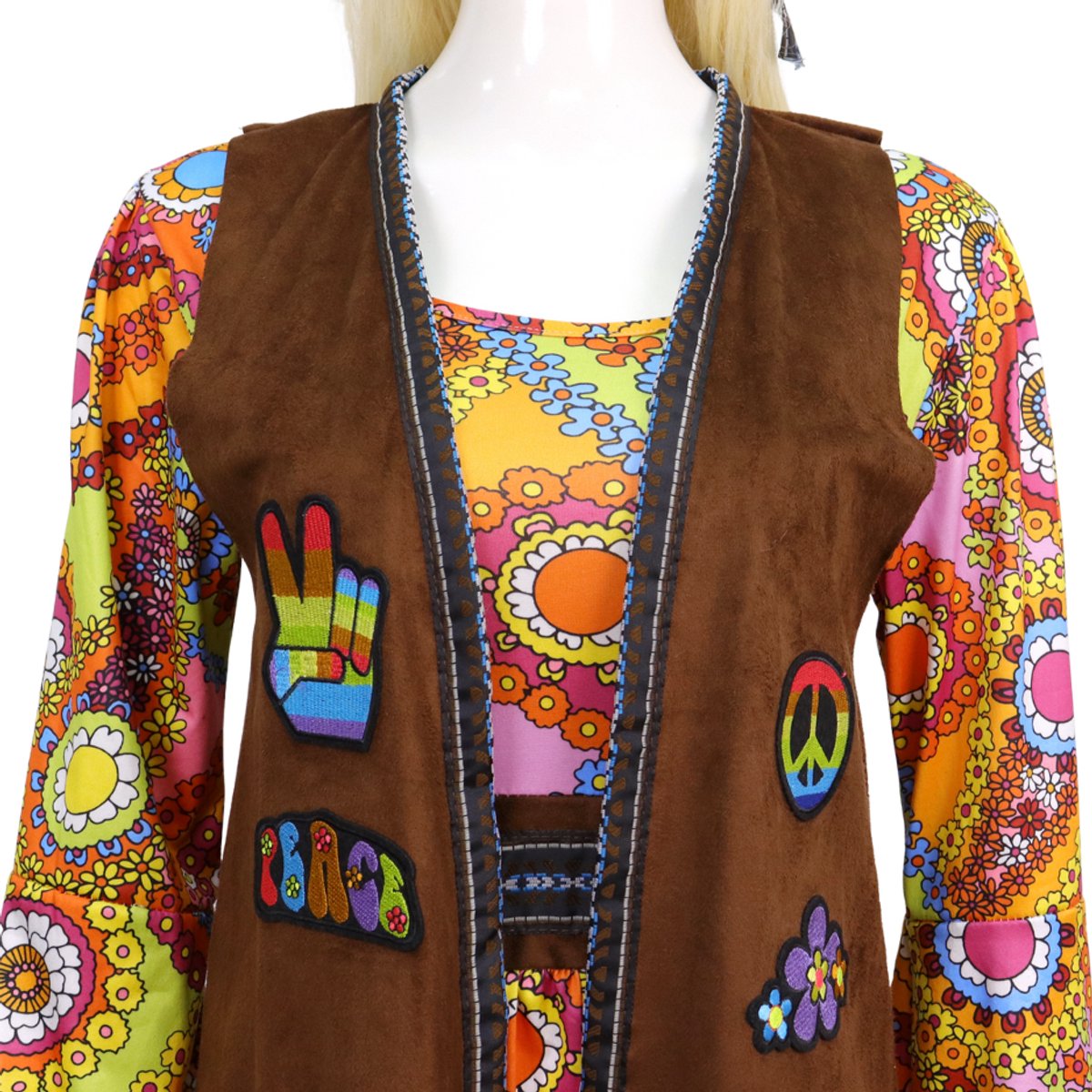 Joya Party® Hippie Jurk Dames met Vest & Hoofdband | Jaren 60 & 70 Flower Power Set | Stretch Lange Jurk | Verkleedkostuum Vrouw | Carnaval, Themafeest & Halloween | — afbeelding 15