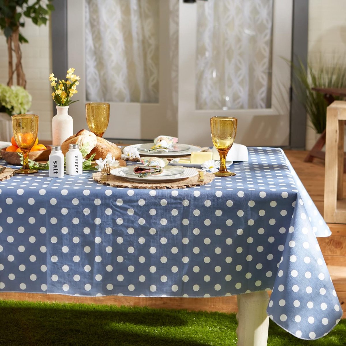 Witte Tafelkleed Rechthoekig met Stippen - Vinyl & Flanel Binnen/Buiten Gebruik