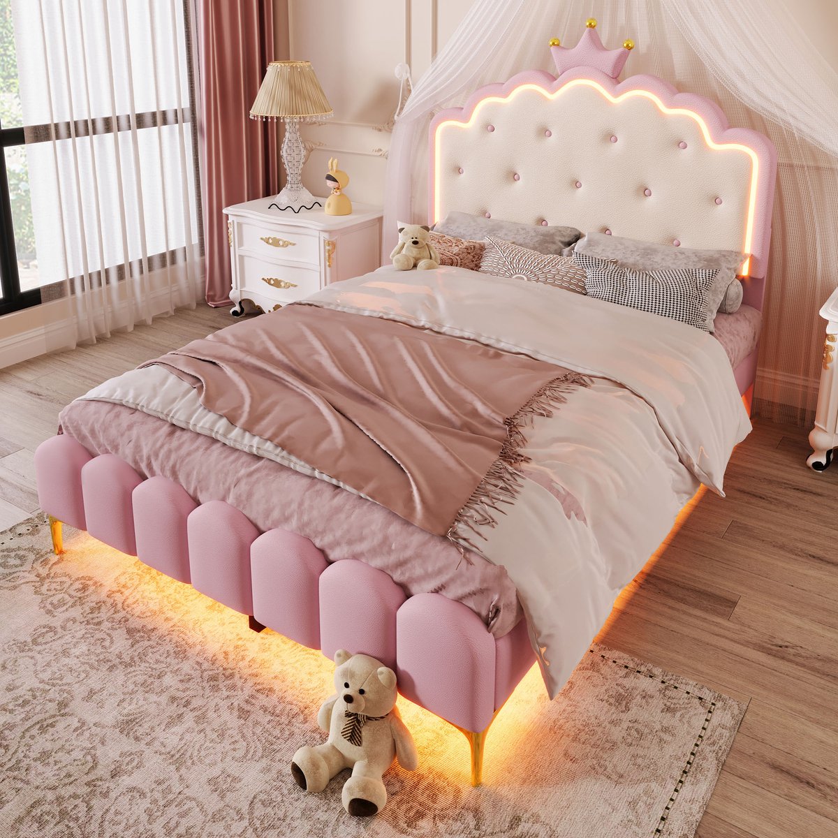 HAUSS SPOLE Gestoffeerd Bed 140x200 cm - Gevoerd Prinsessenbed Met Kroonhoofdeinde - LED Sfeerverlichting En Lattenbodem - PU - Roze - Zonder matras