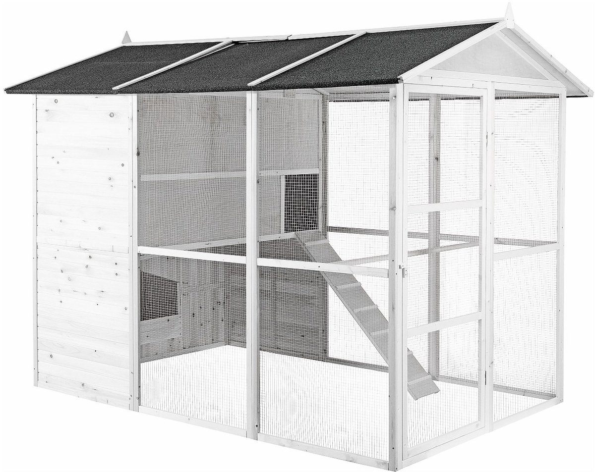 Vente-unique Houten kippenhok met afrastering - 10 kippen - L266 x D174 x H205 cm - Wit - FERAS