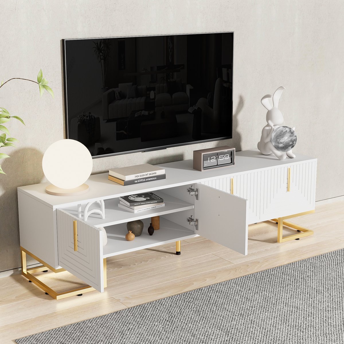 REDOM Lowboard - Spaanplaat met textuur en lijnen - met verticale gouden grepen - 170*40*45,5cm White Wit