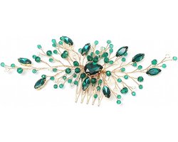 Green Crystal Haar Kam voor de Bruid - Gouden Bladeren Haaraccessoires - Groene Rhinestones - Bloem Bruid - Kristallen Haaraccessoires