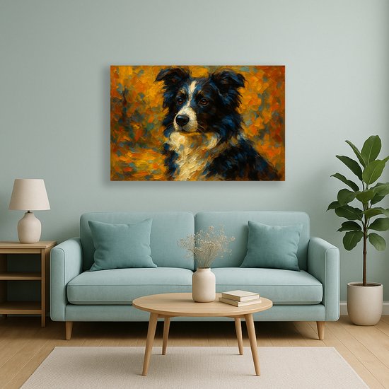 Een schilderij van een Border Collie met zwarte, witte en bruine vacht, tegen een oranje, gele en blauwe achtergrond.