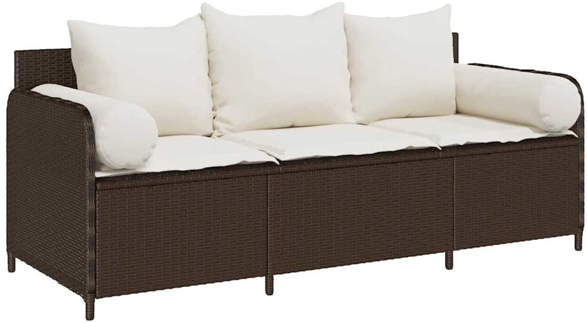 vidaXL - Tuinbank - 3-zits - met - kussens - poly - rattan - bruin