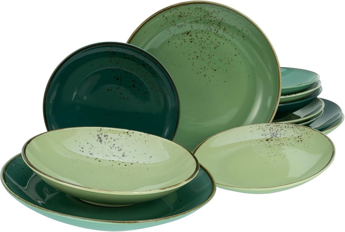 12-delige Aardewerk Serviesset Groen Nature Collection Vaatwasserbestendig