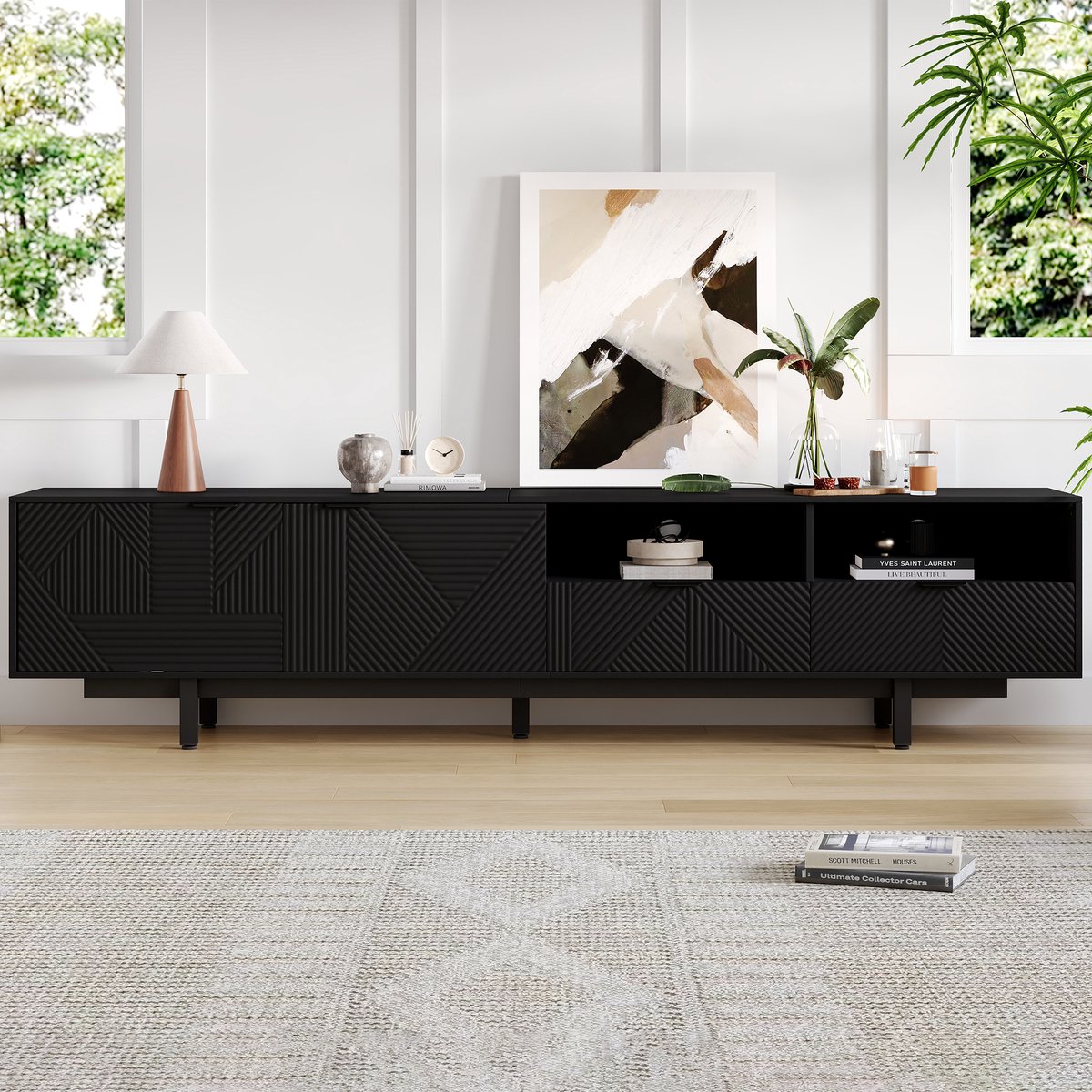 MODFU TV-meubel 200x40x51 cm van spaanplaat, zwart, modern geometrisch lijnontwerp, met opbergruimte en deuren