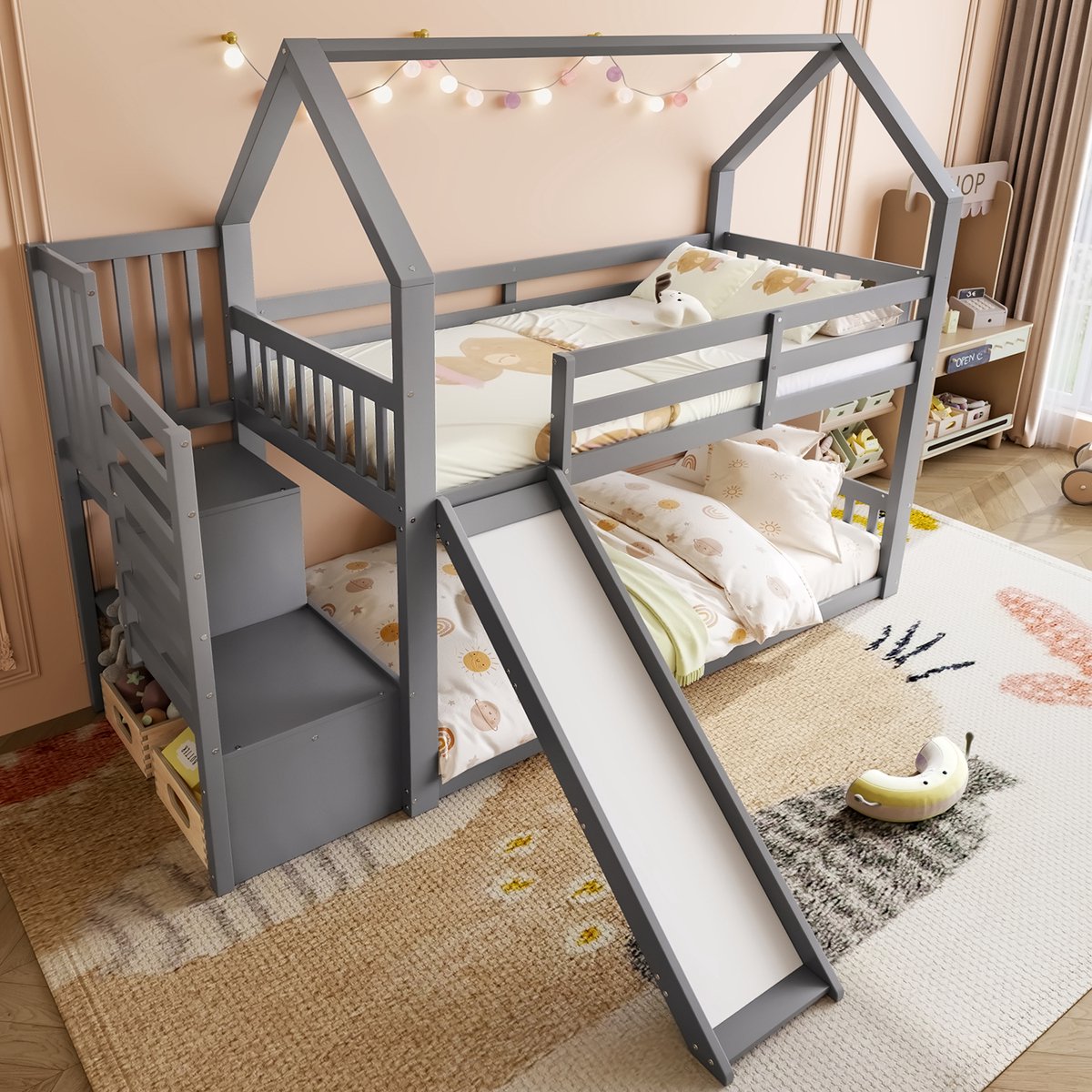 STILVORA Stapelbed 90x200 cm – Huisbed met opbergtrap & glijbaan – Verhoogd veiligheidshek – Voor kinderen – Grenen – Grijs – Zonder matras