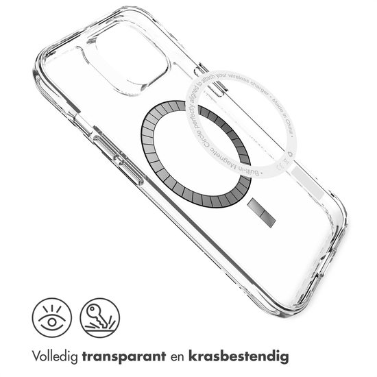 Gedetailleerde transparante MagSafe hoes voor iPhone, met ingebouwde magnetische cirkel.