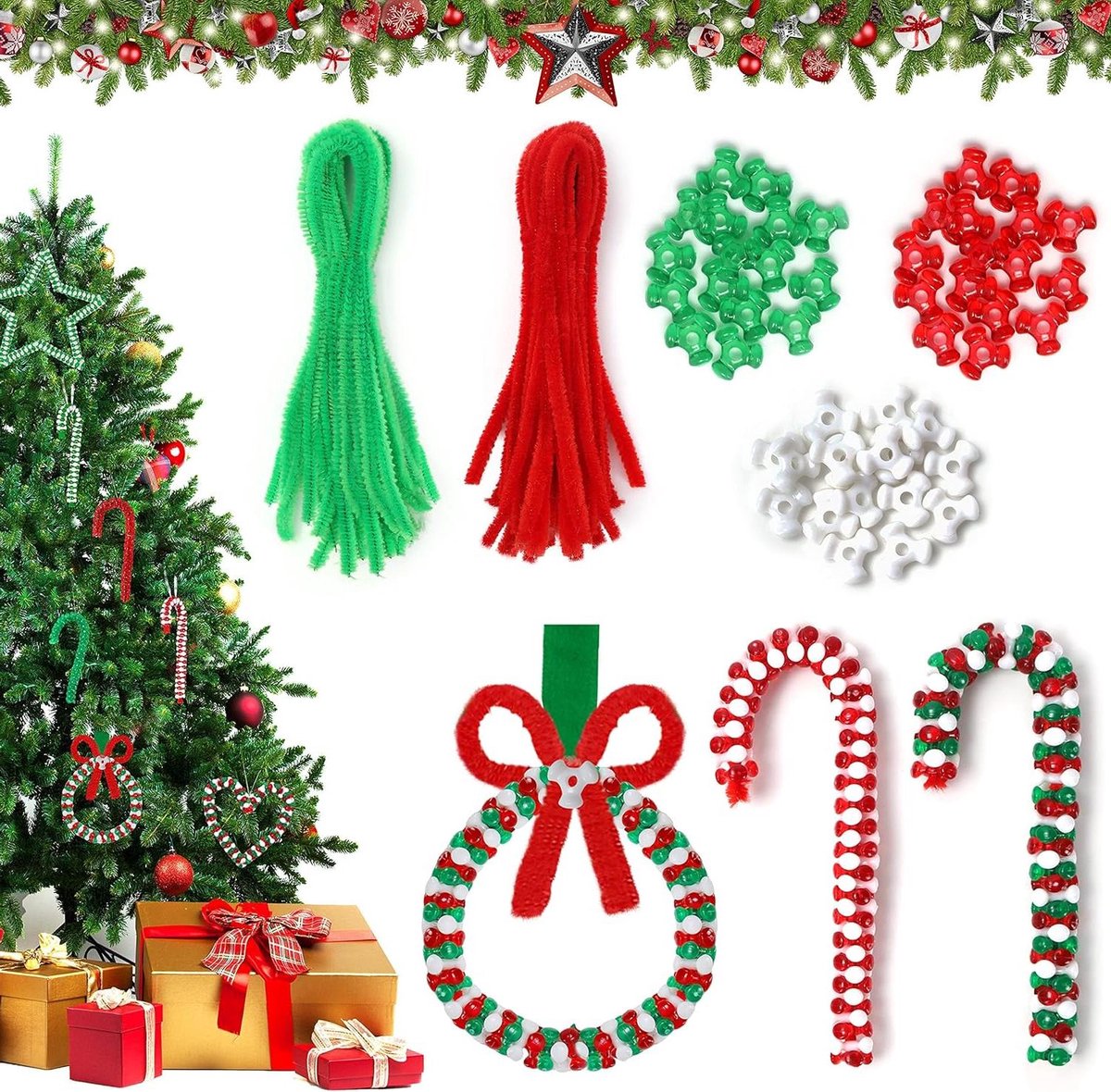 EGoods - Kerstbellen Set met Metalen Bellen, Chenille Stengels, Pompons & Lint - Kerstfeest Decoraties, Hobby, Kerstkrans Ornamenten - 477 Stuks