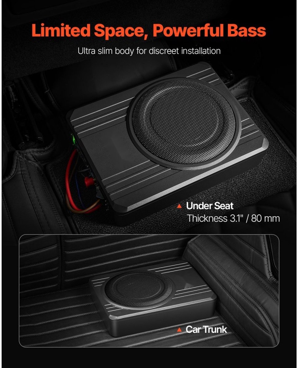 Auto subwoofer onder de stoel - Actieve subwoofer - 20 cm (203 mm) - 400 W - Ingebouwde versterker - Hoog- en laagniveau-ingang - Volumeregeling - Slank – foto 6