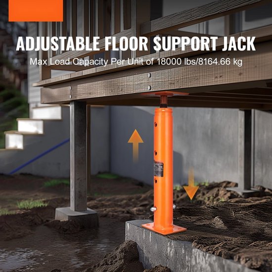 Oranje steunpilaar ondersteunt een houten terras. Getoond met "ADJUSTABLE FLOOR SUPPORT JACK".