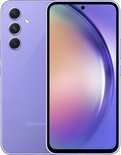 Paarse Samsung Galaxy A54 5G smartphone, achter- en vooraanzicht met scherm.